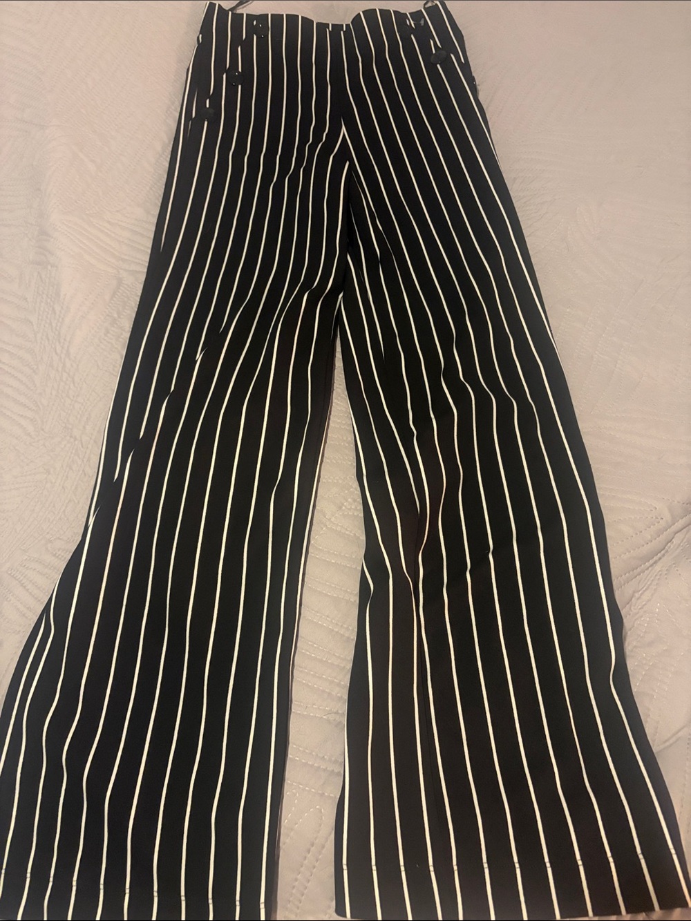 Black Wide-Leg Pinstripe Pants with White Stripes